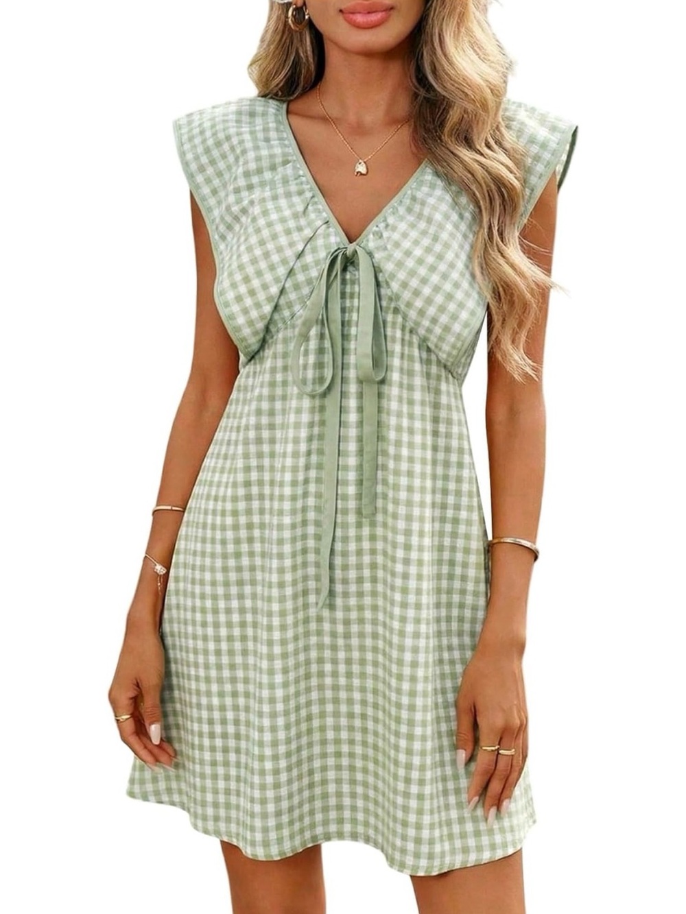 Gingham Tie-Front V-Neck Mini Dress in Light Green
